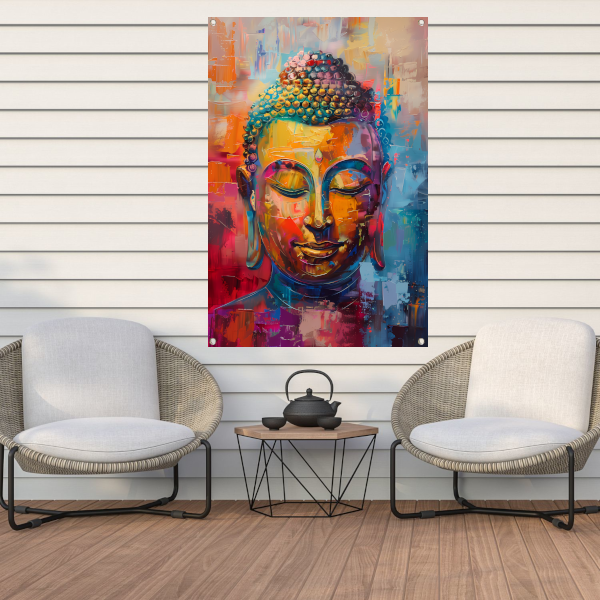 Dynamisch en kleurrijk olieverfschilderij van Boeddha tuinposter