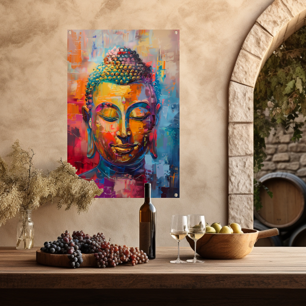 Dynamisch en kleurrijk olieverfschilderij van Boeddha tuinposter