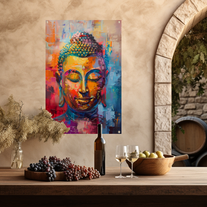 Dynamisch en kleurrijk olieverfschilderij van Boeddha tuinposter