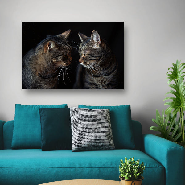 Twee katten in een donkere omgeving canvas met baklijst