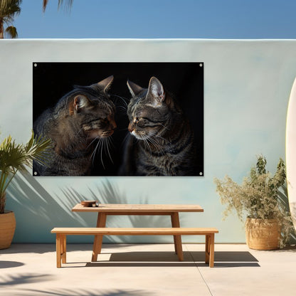 Twee katten in een donkere omgeving tuinposter
