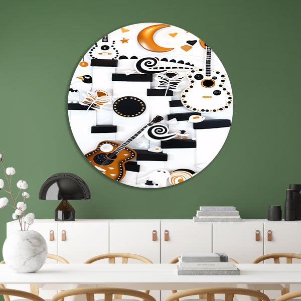 Kleurrijke Pop Art Gitaar met Maan aluminium muurcirkel