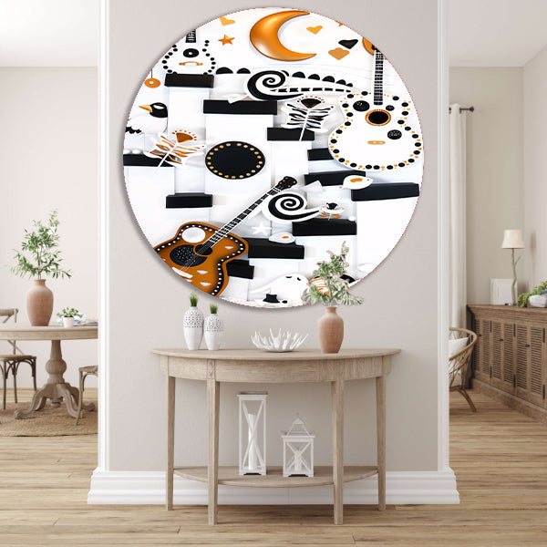 Kleurrijke Pop Art Gitaar met Maan aluminium muurcirkel