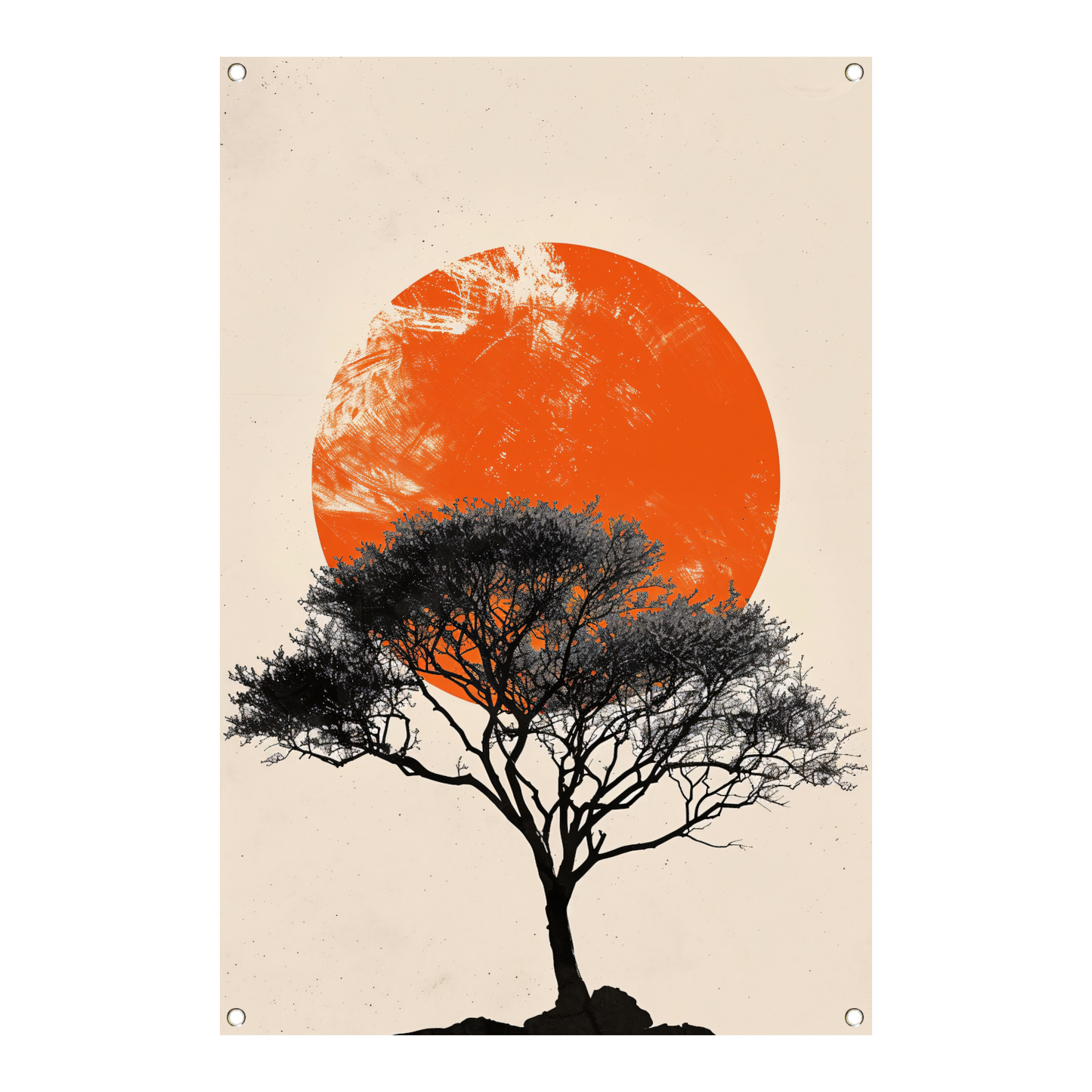 Boom silhouet tegen oranje zonsondergang achtergrond tuinposter