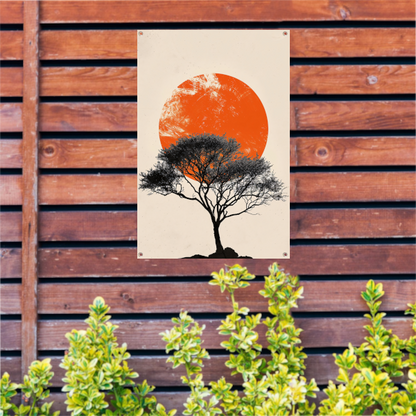 Boom silhouet tegen oranje zonsondergang achtergrond tuinposter