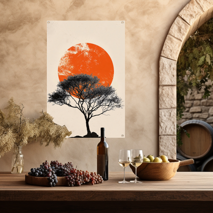 Boom silhouet tegen oranje zonsondergang achtergrond tuinposter