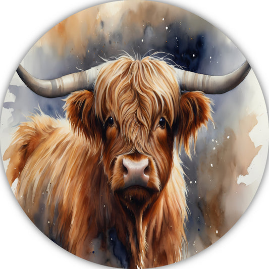 Highland koe portret met waterverf aluminium muurcirkel
