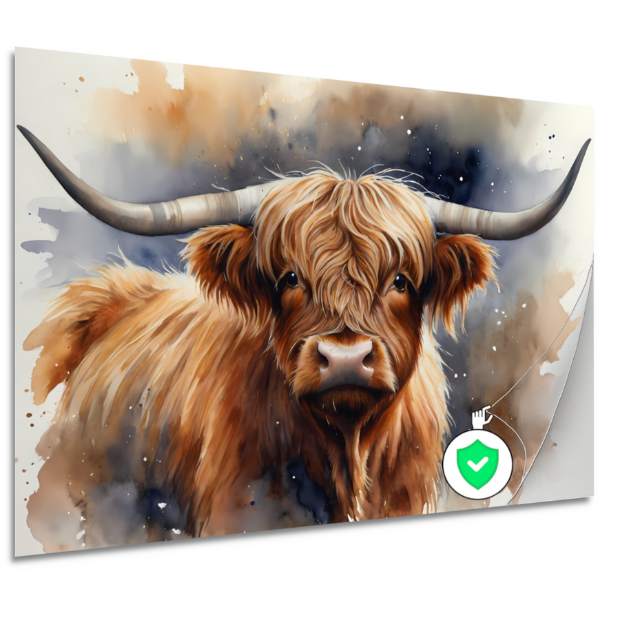 Highland koe portret met waterverf poster