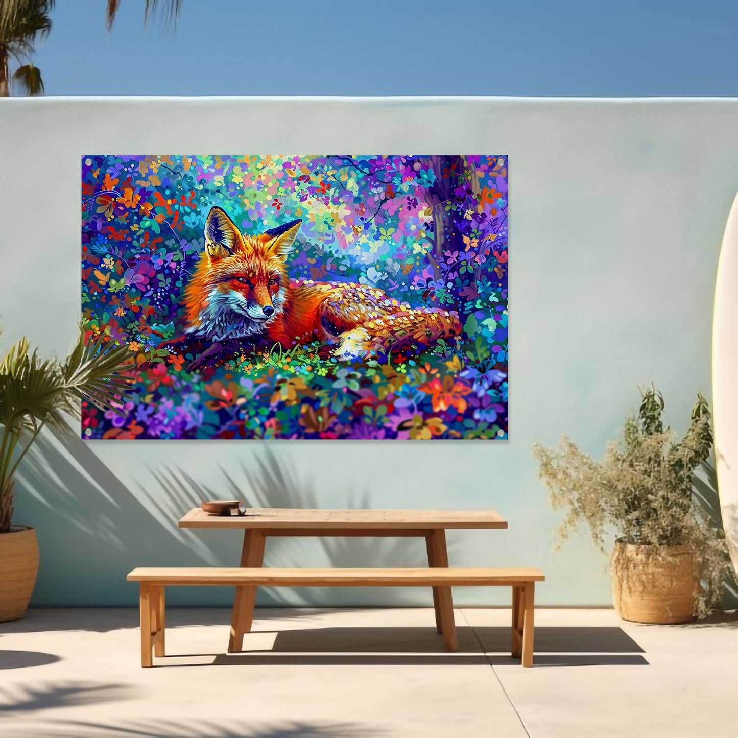 Kleurrijke vos in een magisch landschap tuinposter