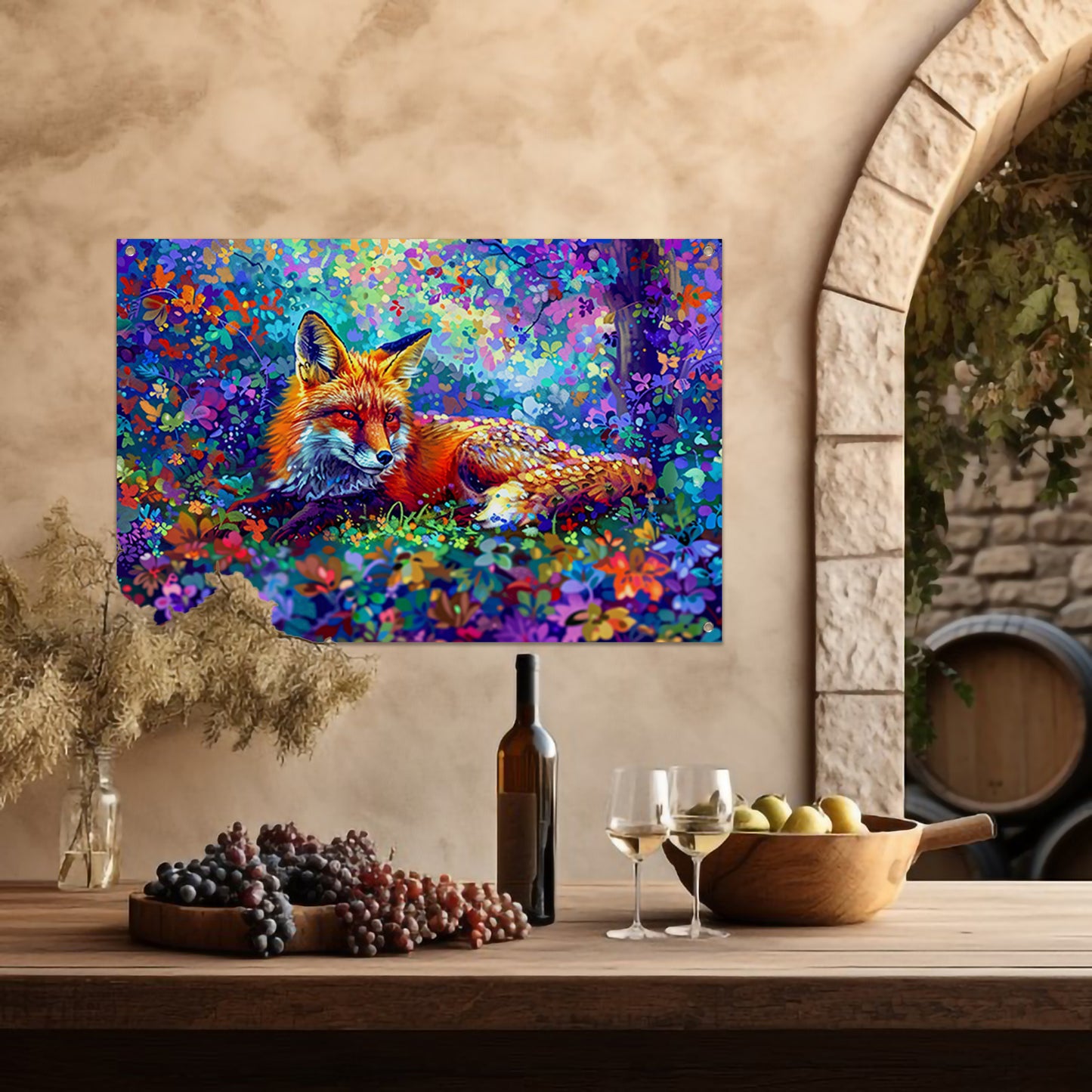 Kleurrijke vos in een magisch landschap tuinposter
