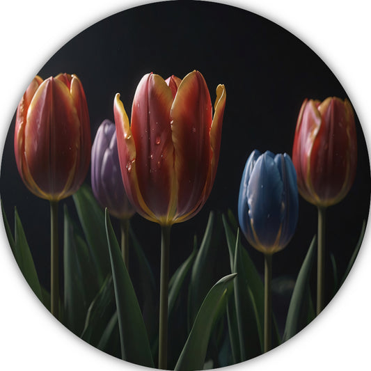 Tulpenpracht met waterdruppels in kleur aluminium muurcirkel