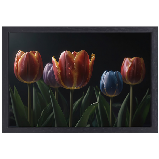 Tulpenpracht met waterdruppels in kleur canvas met baklijst