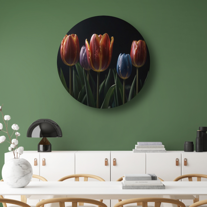 Tulpenpracht met waterdruppels in kleur aluminium muurcirkel