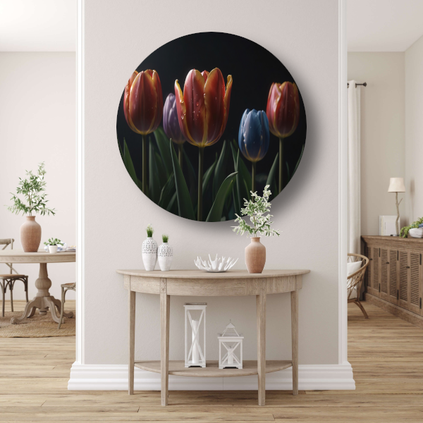 Tulpenpracht met waterdruppels in kleur aluminium muurcirkel