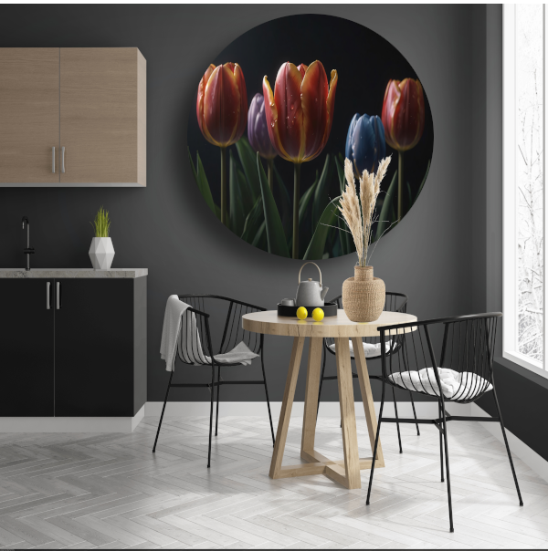 Tulpenpracht met waterdruppels in kleur aluminium muurcirkel