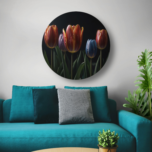 Tulpenpracht met waterdruppels in kleur aluminium muurcirkel