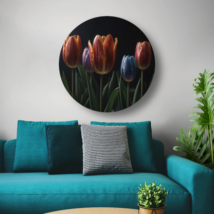 Tulpenpracht met waterdruppels in kleur aluminium muurcirkel