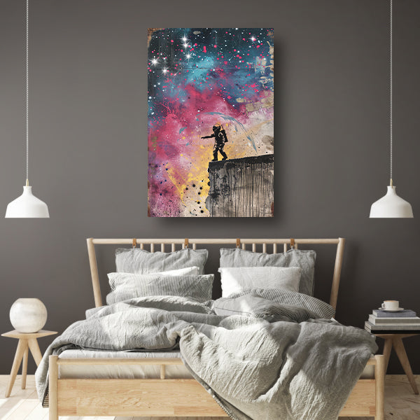 Astronaut Springt in Levendige Kosmos canvas met baklijst
