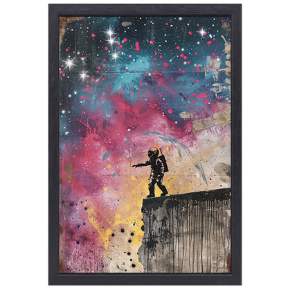 Astronaut Springt in Levendige Kosmos canvas met baklijst