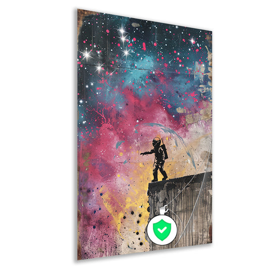 Astronaut Springt in Levendige Kosmos poster