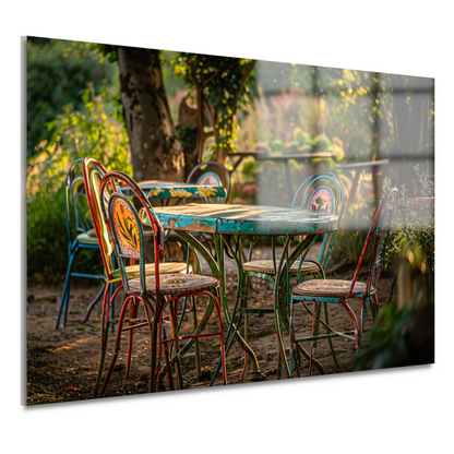 Moderne eetkamer met kleurrijke stoelen acrylglas