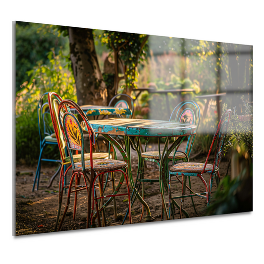 Moderne eetkamer met kleurrijke stoelen acrylglas