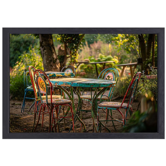 Moderne eetkamer met kleurrijke stoelen canvas met baklijst