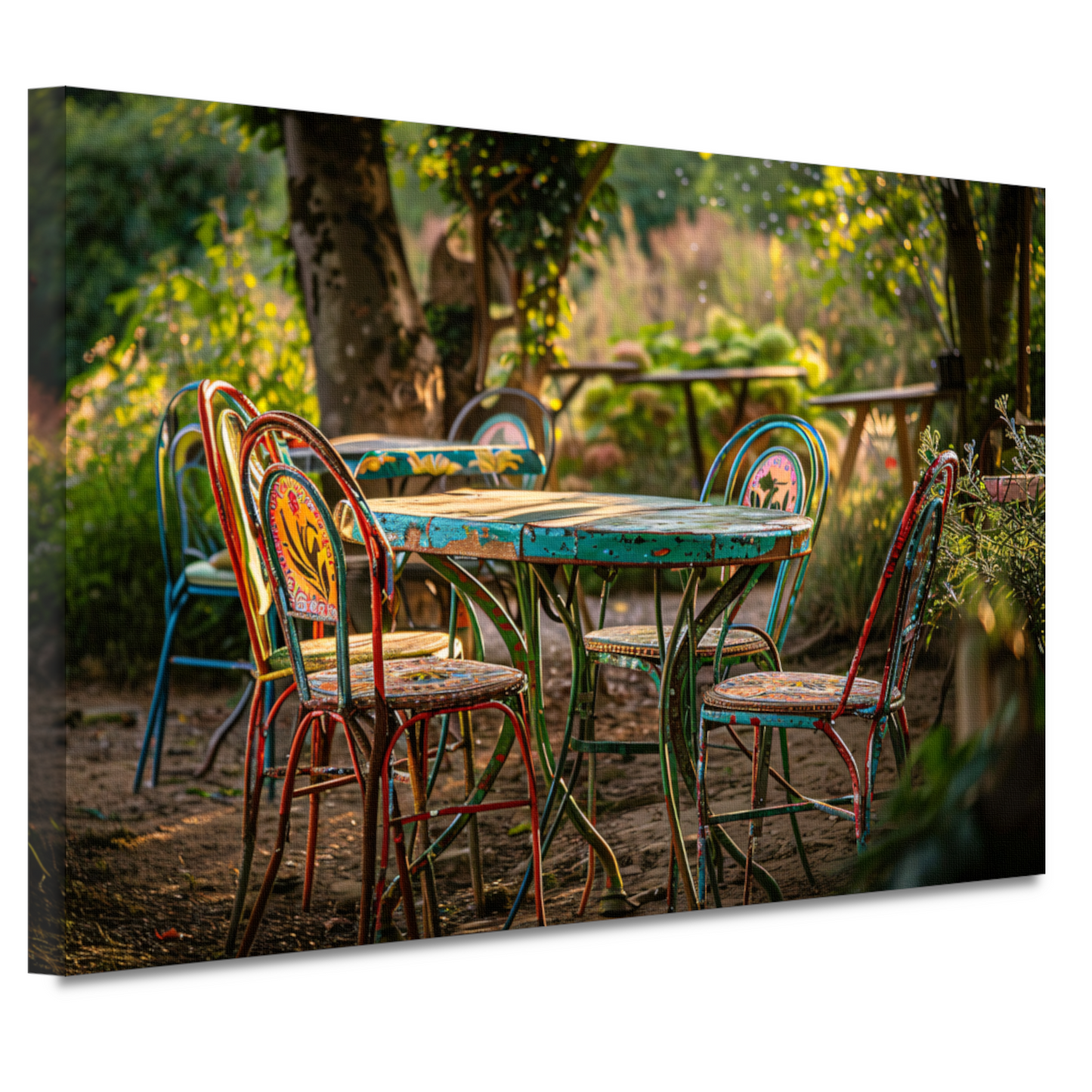 Moderne eetkamer met kleurrijke stoelen canvas