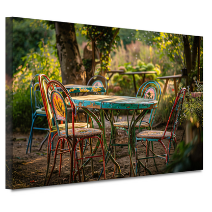 Moderne eetkamer met kleurrijke stoelen canvas