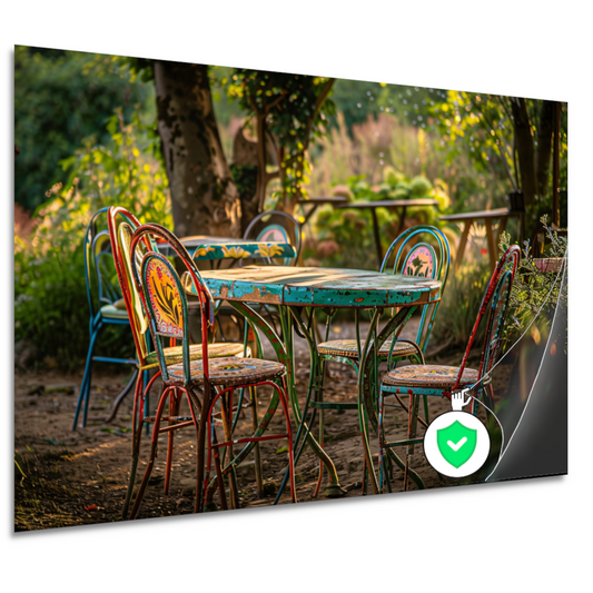 Moderne eetkamer met kleurrijke stoelen poster