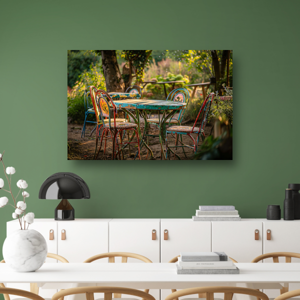 Moderne eetkamer met kleurrijke stoelen poster