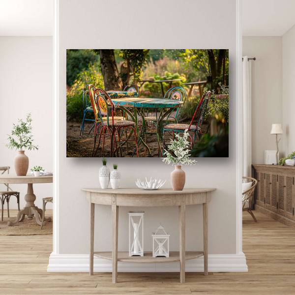 Moderne eetkamer met kleurrijke stoelen poster
