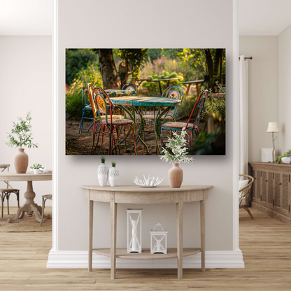 Moderne eetkamer met kleurrijke stoelen poster