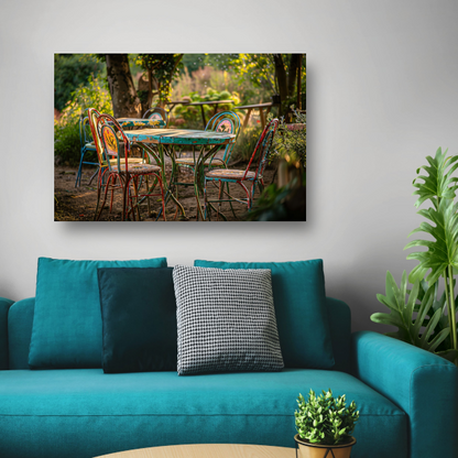 Moderne eetkamer met kleurrijke stoelen poster