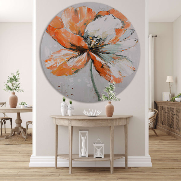 Abstracte bloem met levendige oranje tinten aluminium muurcirkel