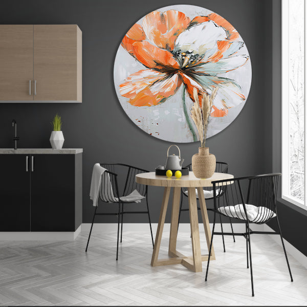 Abstracte bloem met levendige oranje tinten aluminium muurcirkel