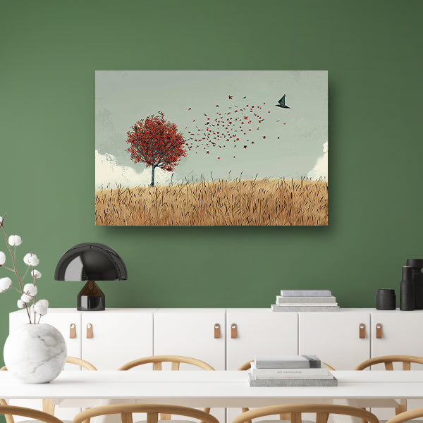Minimalistische herfstboom met dwarrelende bladeren canvas met baklijst