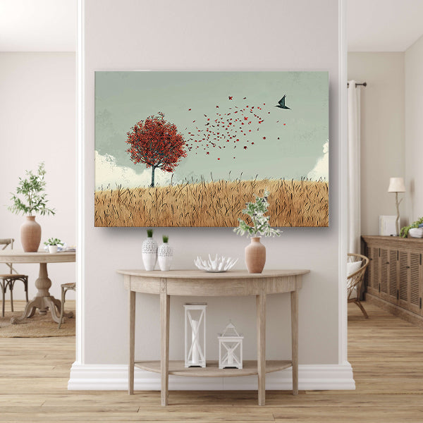 Minimalistische herfstboom met dwarrelende bladeren canvas met baklijst