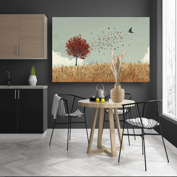 Minimalistische herfstboom met dwarrelende bladeren canvas met baklijst