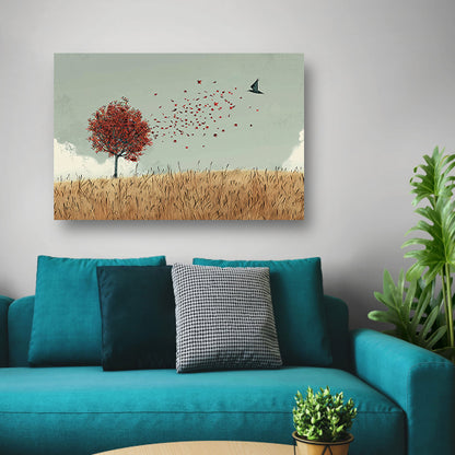 Minimalistische herfstboom met dwarrelende bladeren canvas met baklijst
