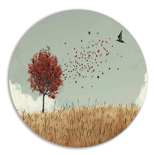 Minimalistische herfstboom met dwarrelende bladeren aluminium muurcirkel