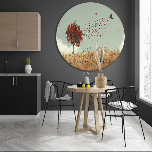 Minimalistische herfstboom met dwarrelende bladeren aluminium muurcirkel