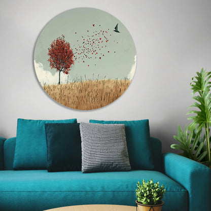 Minimalistische herfstboom met dwarrelende bladeren aluminium muurcirkel