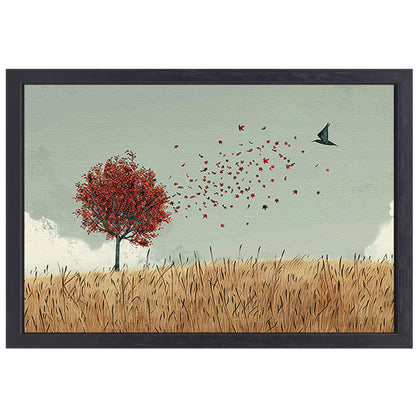 Minimalistische herfstboom met dwarrelende bladeren canvas met baklijst