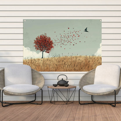 Minimalistische herfstboom met dwarrelende bladeren tuinposter