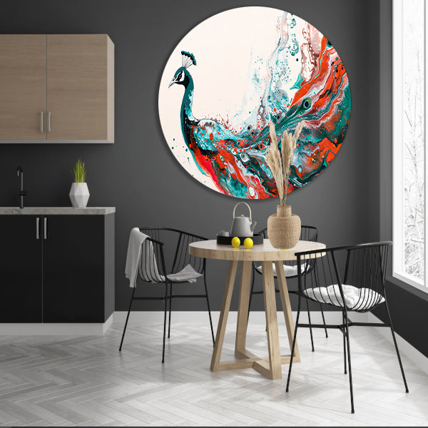 Abstracte schildering van kleurrijke pauw aluminium muurcirkel