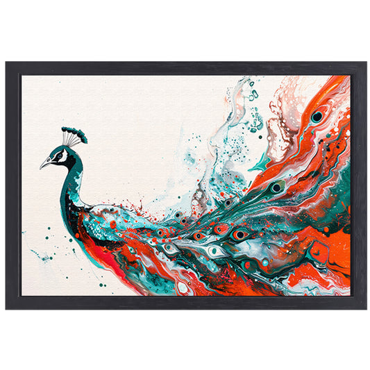 Abstracte schildering van kleurrijke pauw canvas met baklijst