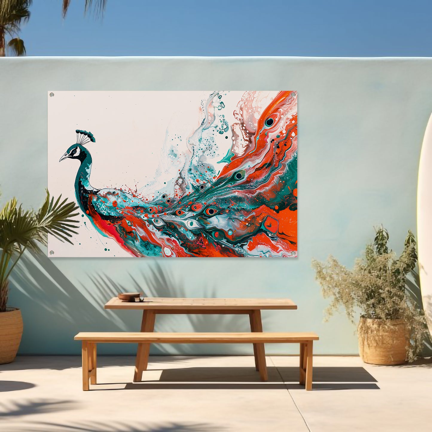 Abstracte schildering van kleurrijke pauw tuinposter