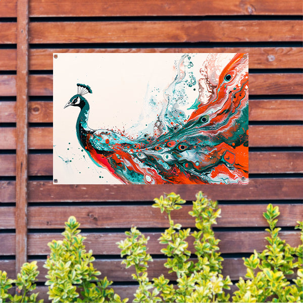 Abstracte schildering van kleurrijke pauw tuinposter
