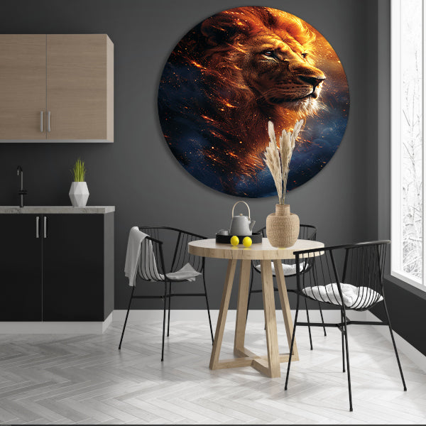 Portret van een majestueuze leeuw met vurige manen aluminium muurcirkel